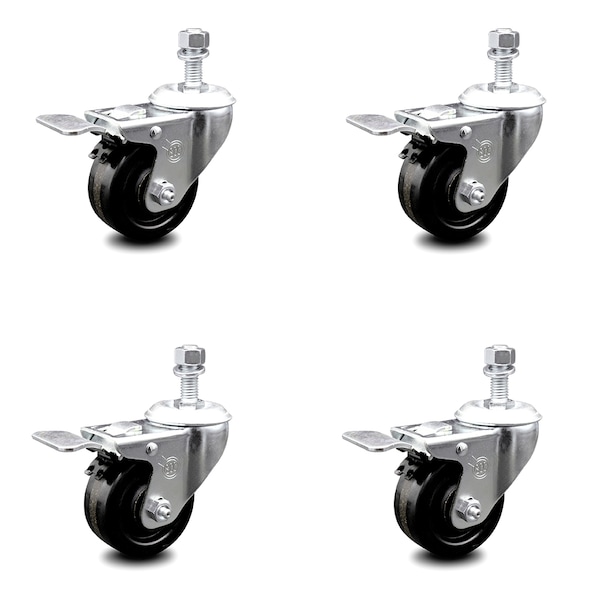 3 Inch Phenolic Swivel 1/2 Inch Threaded Stem Caster Set with Total Lock Brake SCC